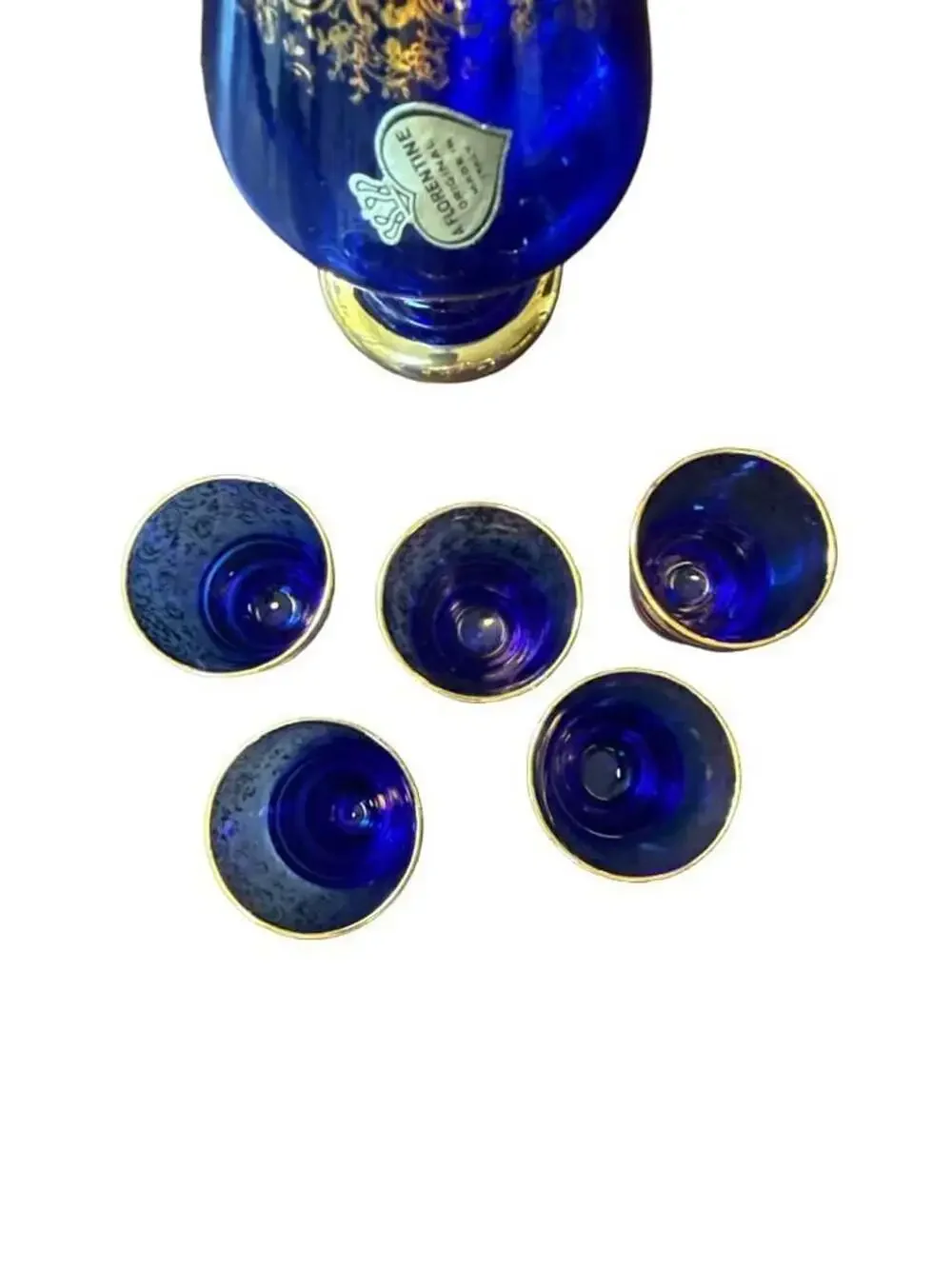 Florentine Decanter Set Cobalt Blue Gold Trim, Glass Stopper and 5 Cups